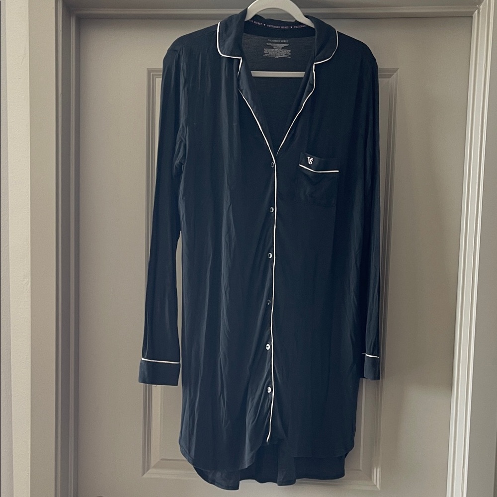 Victoria's Secret Black Modal Button-Front Sleep Shirt with Pink Trim
